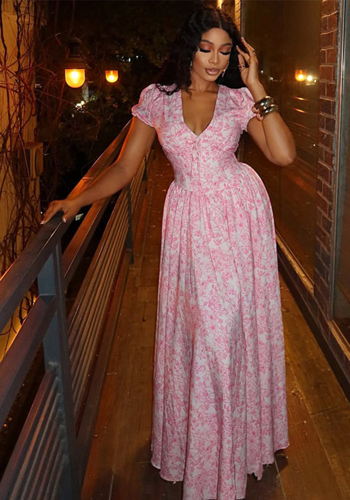 women's print elegant v-neck Chic bubble sleeve a-line pleated long dress