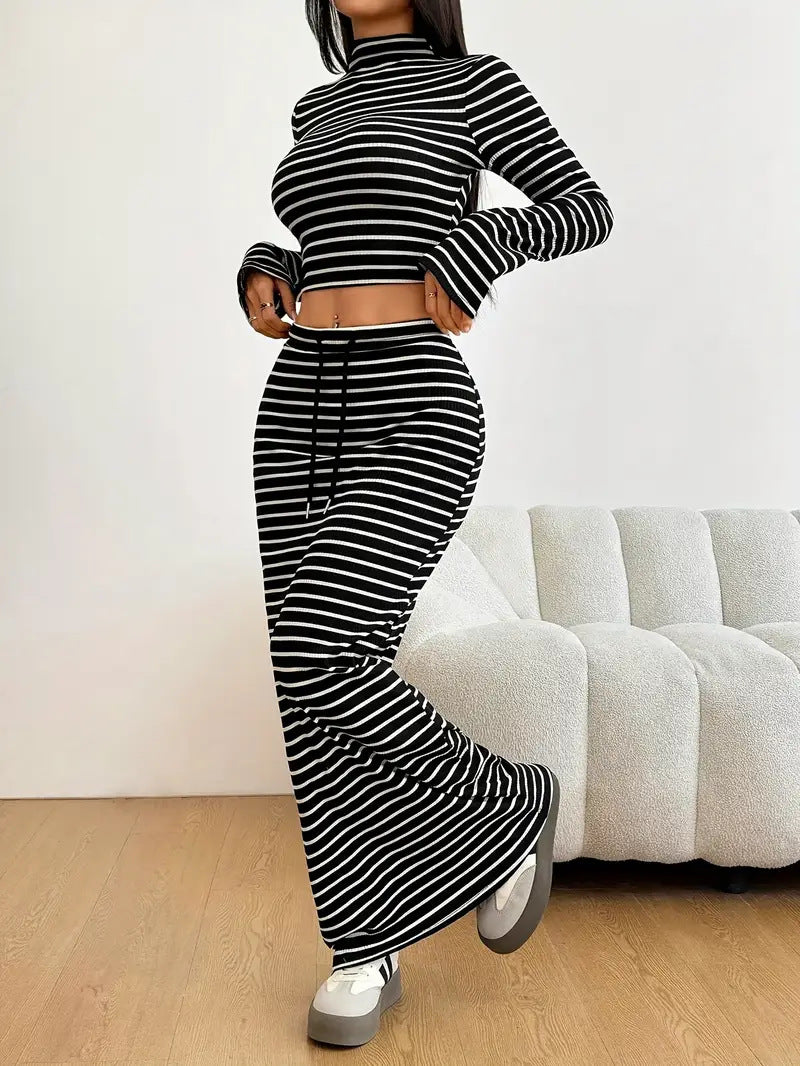 Women Solid Striped Half-Turtleneck Long-Sleeved Top and Skirt Two-Piece Set 8