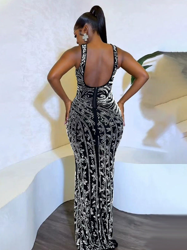 Women solid beaded Bodycon Backless Sexy Slit Dress 3