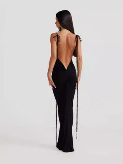 Women pleated sexy Backless Suspender Solid Maxi Bodycon Dress 4