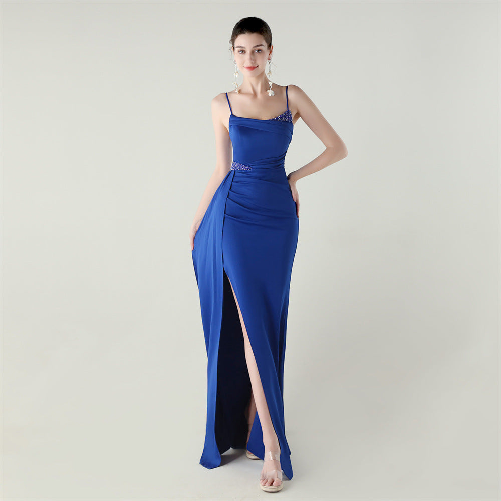 Women satin beaded chain fishtail slit evening dress 21