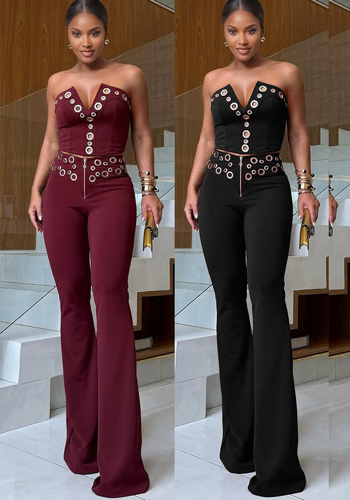 Women elegant elastic metal buckle decorated V-neck Top and Pants two-piece set