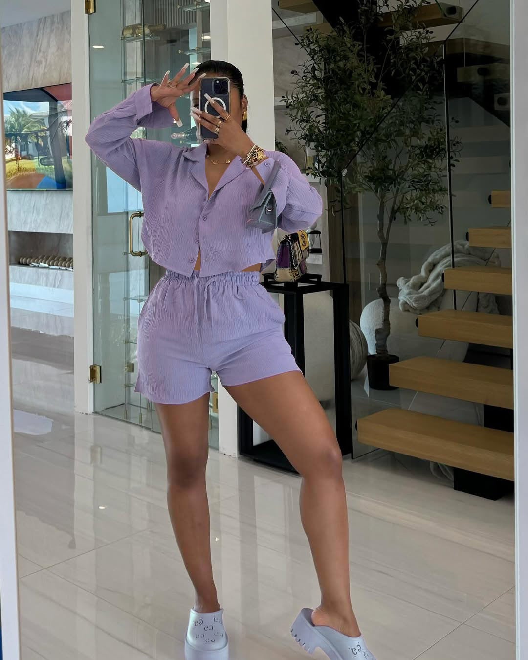 Women's Solid Color Long Sleeve Shirt Shorts Two-Piece Set 6