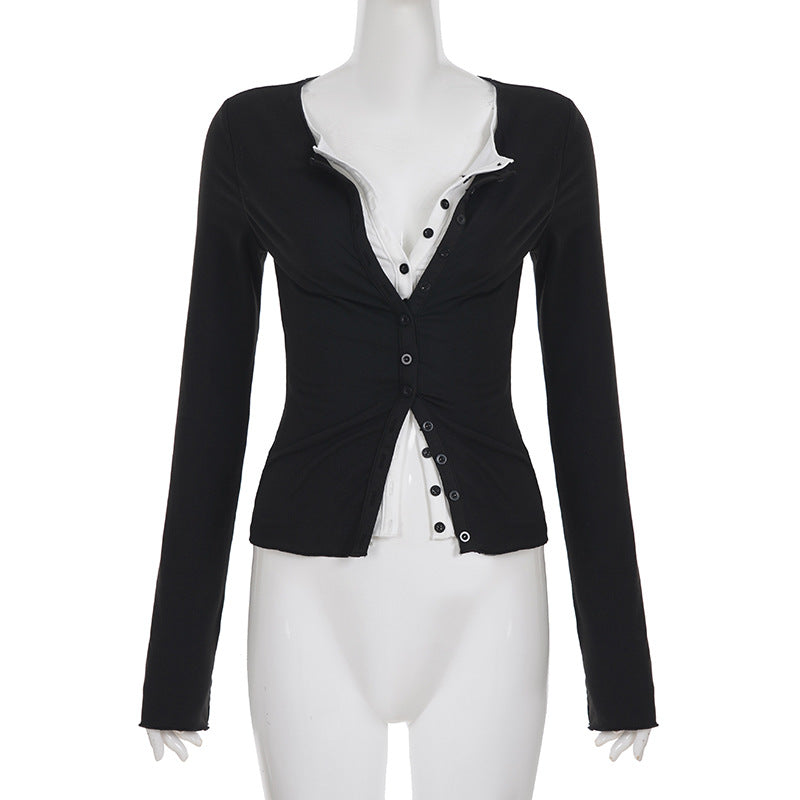 Black & White Contrast Fake Two-Piece Slim Waist Button-Down Long-Sleeve T-Shirt 19