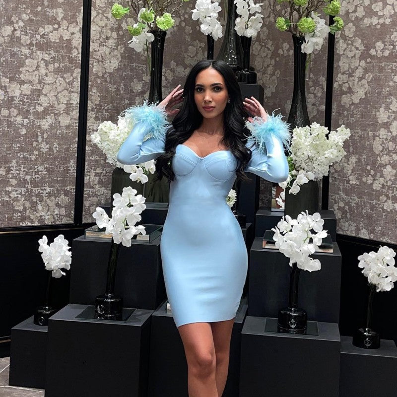 Autumn Solid Color Low Cut Feather Patchwork Long Sleeve Bodycon Dress 4