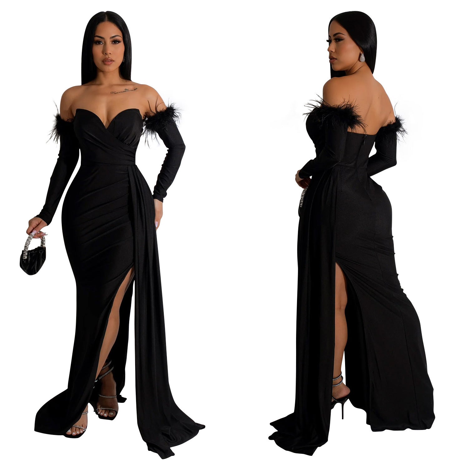 Fashion Women's Solid Color Pleated Low Back Slit Maxi Dress 19