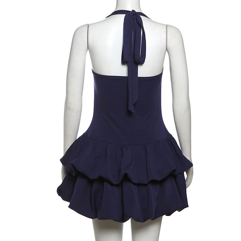 Spring Sexy Low Back Strapless Puffy Halter Neck Solid Color Puffy Short Dress 9