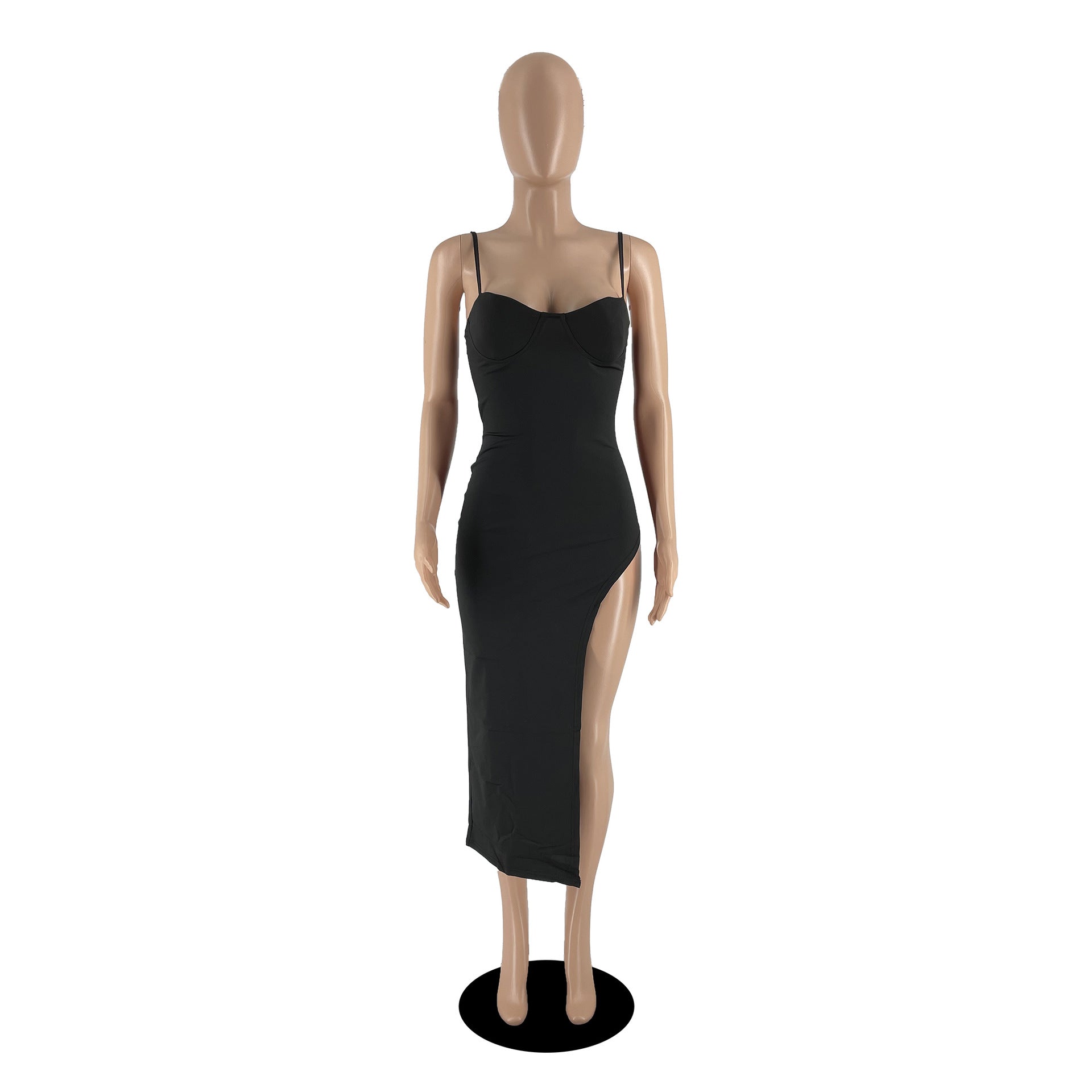 Women Sexy Low-Cut Backless Solid Color Straps Slit Bodycon Dress 16