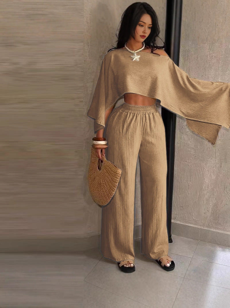 Women's Fashion Sexy Beach Holidays Solid Slash Shoulder Irregular Top with Elastic Waist Pockets Long Pants Set 21