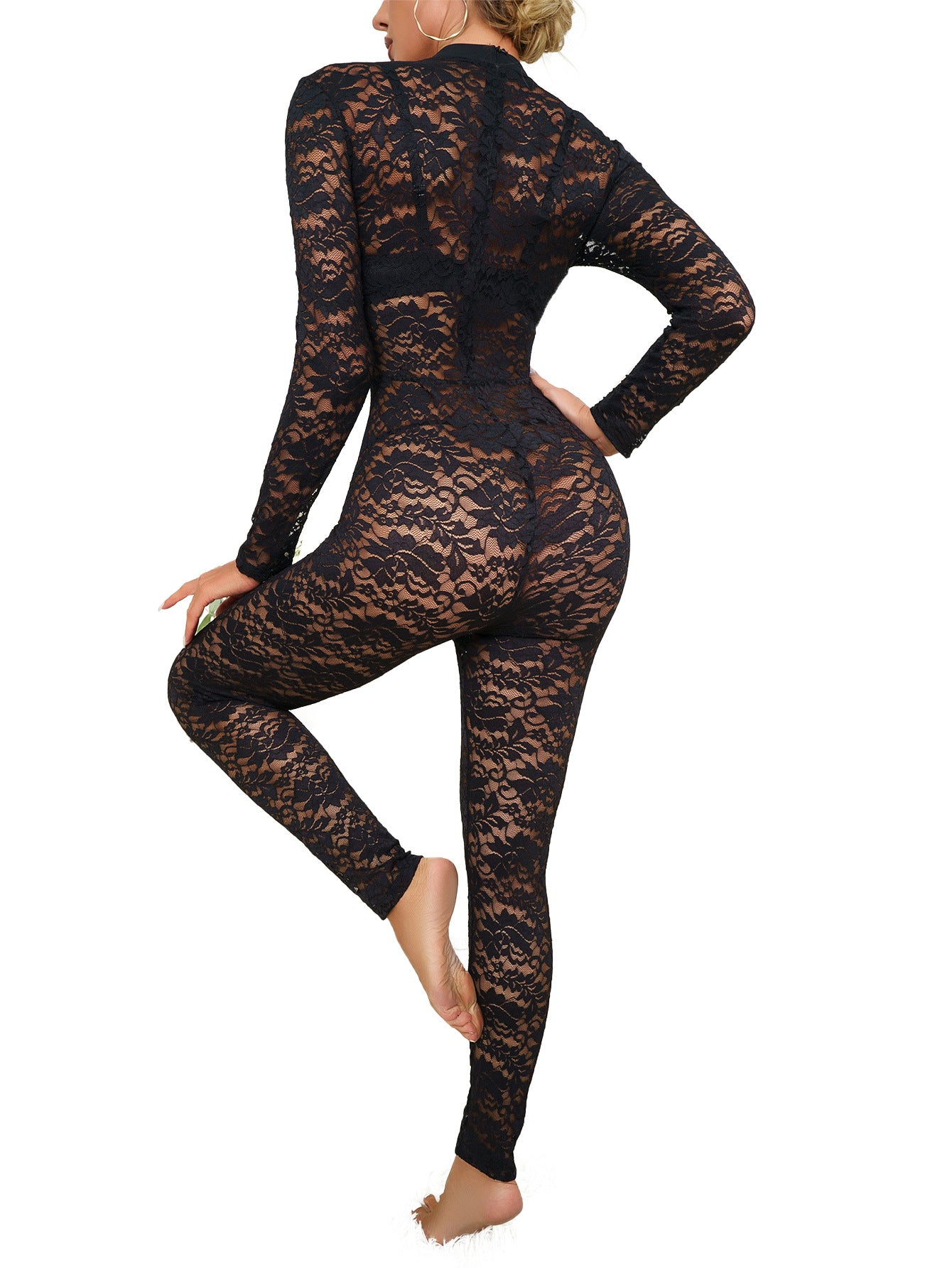 Women Summer Sexy Black Lace Jacquard Hollow See-Through Long Sleeve Jumpsuit 6