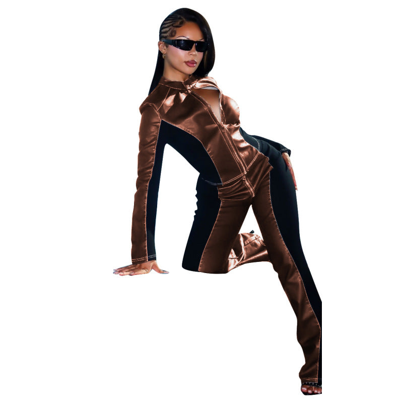 Women's Long Sleeve Casual Elastic PU Pants Set 7