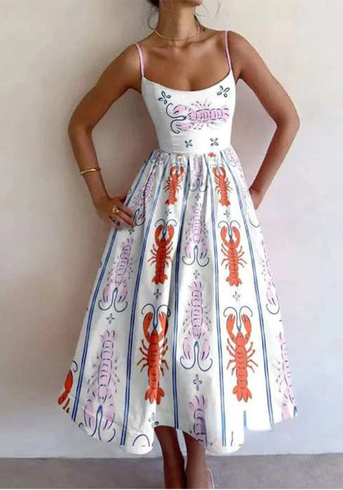 Women Spring Printed Pleated Strap Dress