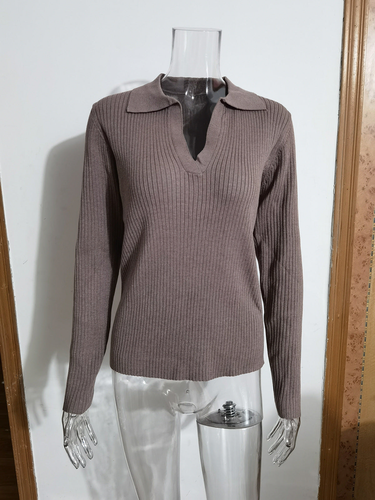 Autumn And Winter Turndown Collar V-Neck Knitting Sweater Chic Career Slim Ribbed Basic Pullover Top For Women 15