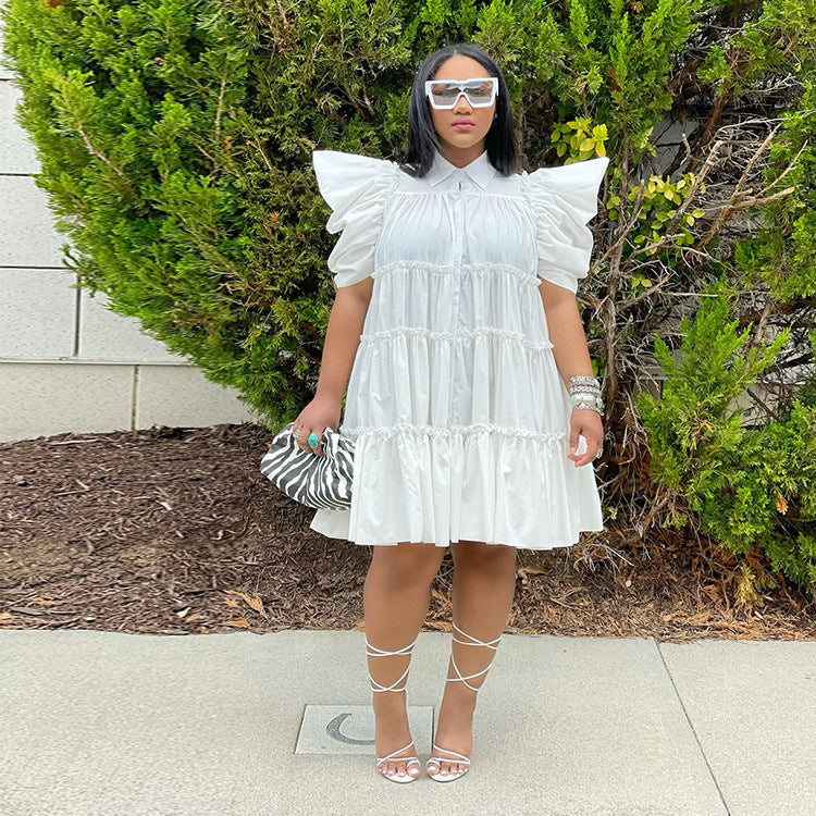 Spring/Summer Retro Court Style Pleated Puff Sleeve Loose Women Dress 4