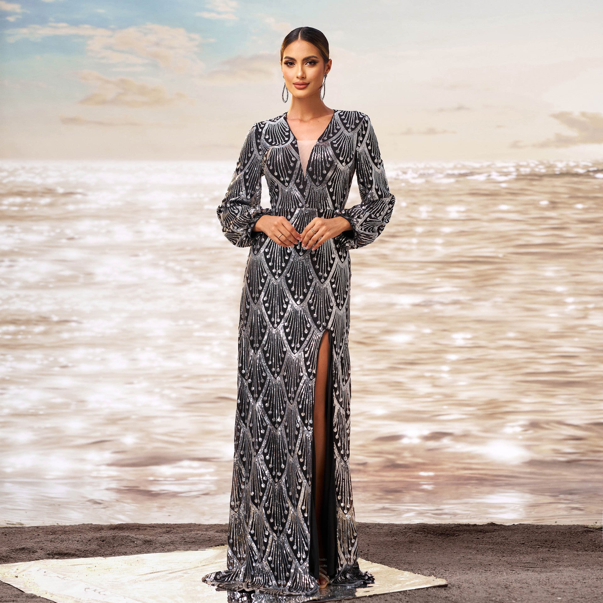 Luxury Long Sleeve V-Neck Formal Party Sequin Slim Slit Evening Dress Women Bridesmaid Gown 6