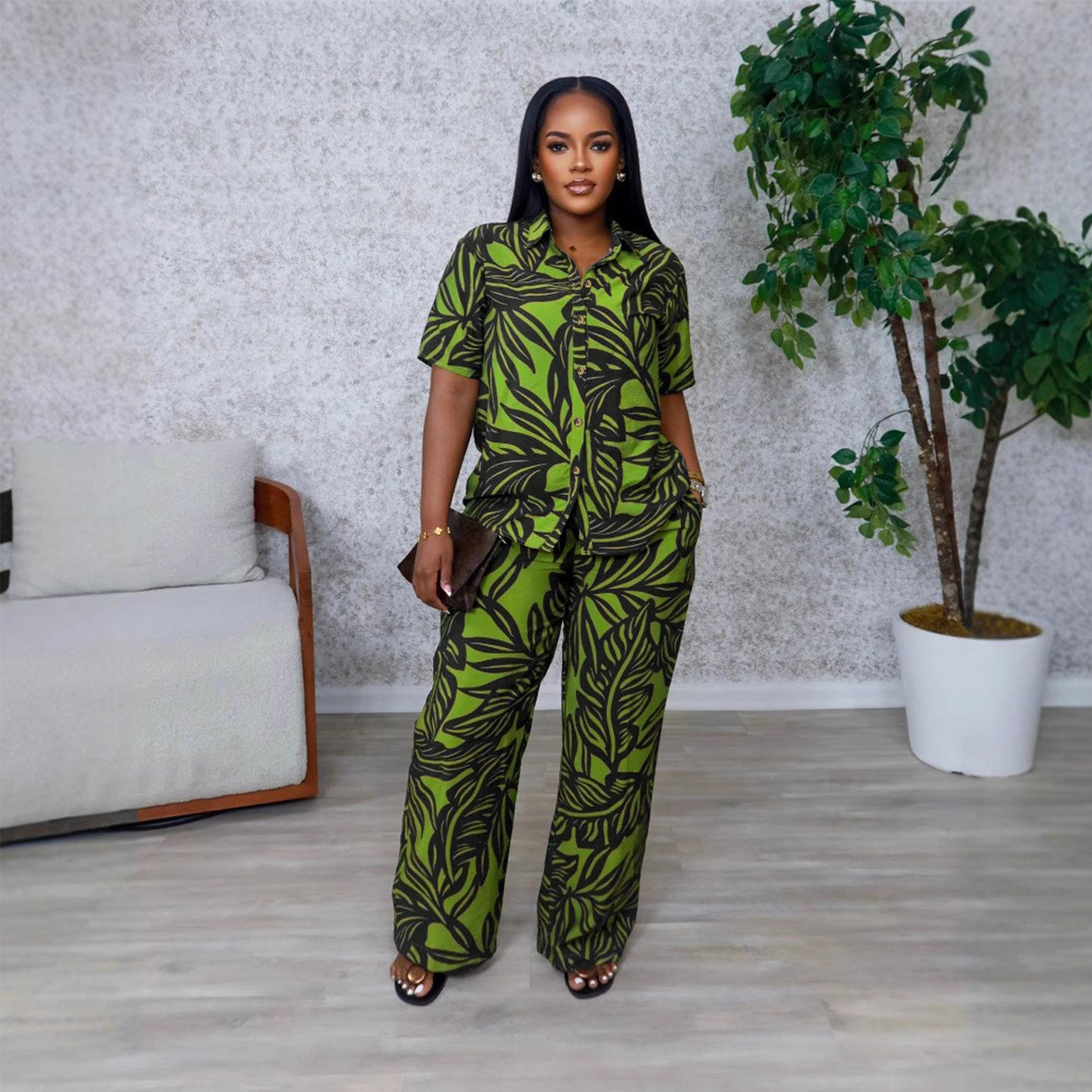 Women Summer Printed Turndown Collar Short Sleeve Top and Wide Leg Pants Two-piece Set 5