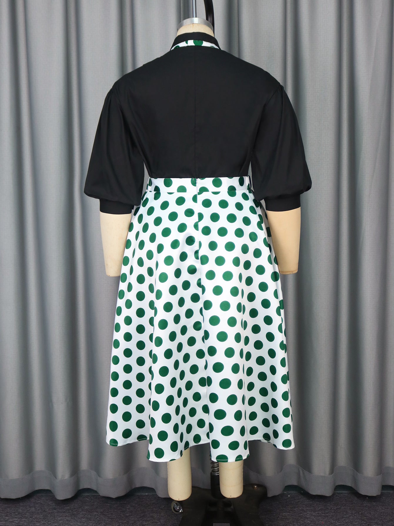 Plus Size Women's Elegant Chic Black Top Bow Polka Dot Skirt Set 5