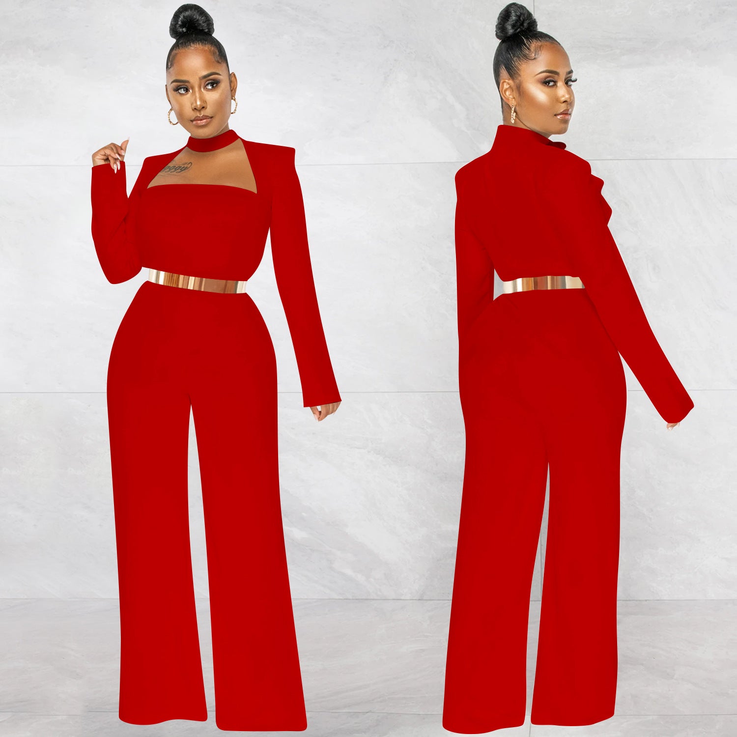 Women Fashion Solid Color Long Sleeve Wide Leg Pants Jumpsuit 7