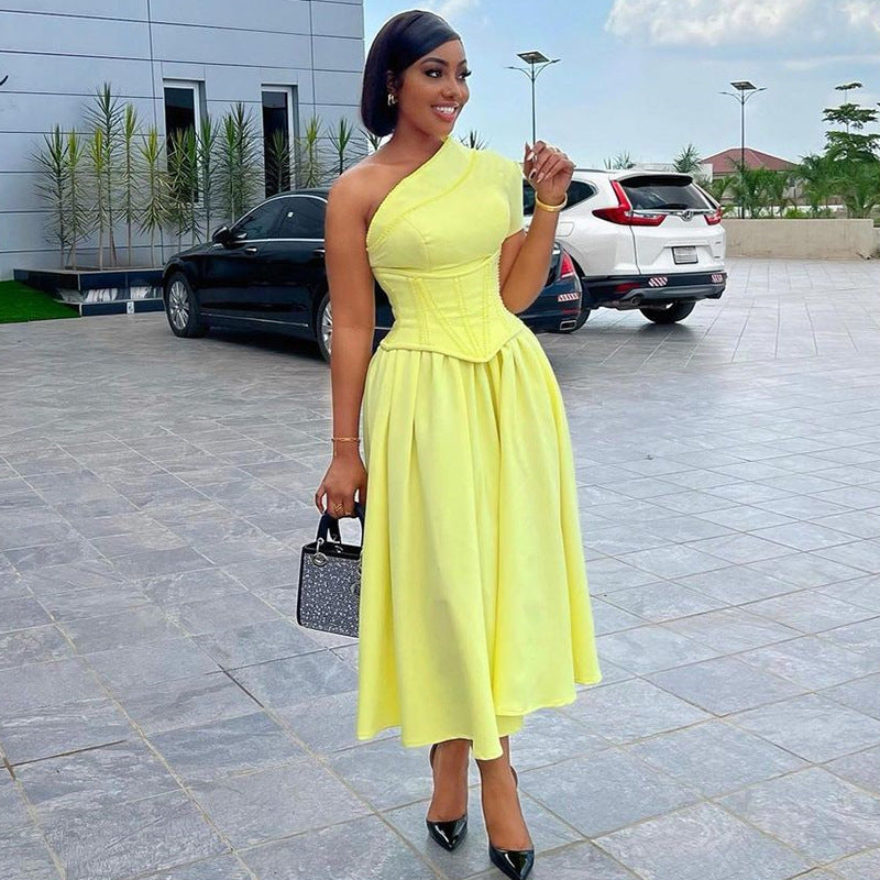 Women African Autumn and Winter Solid Slash Shoulder Short Sleeve Maxi Dress 4