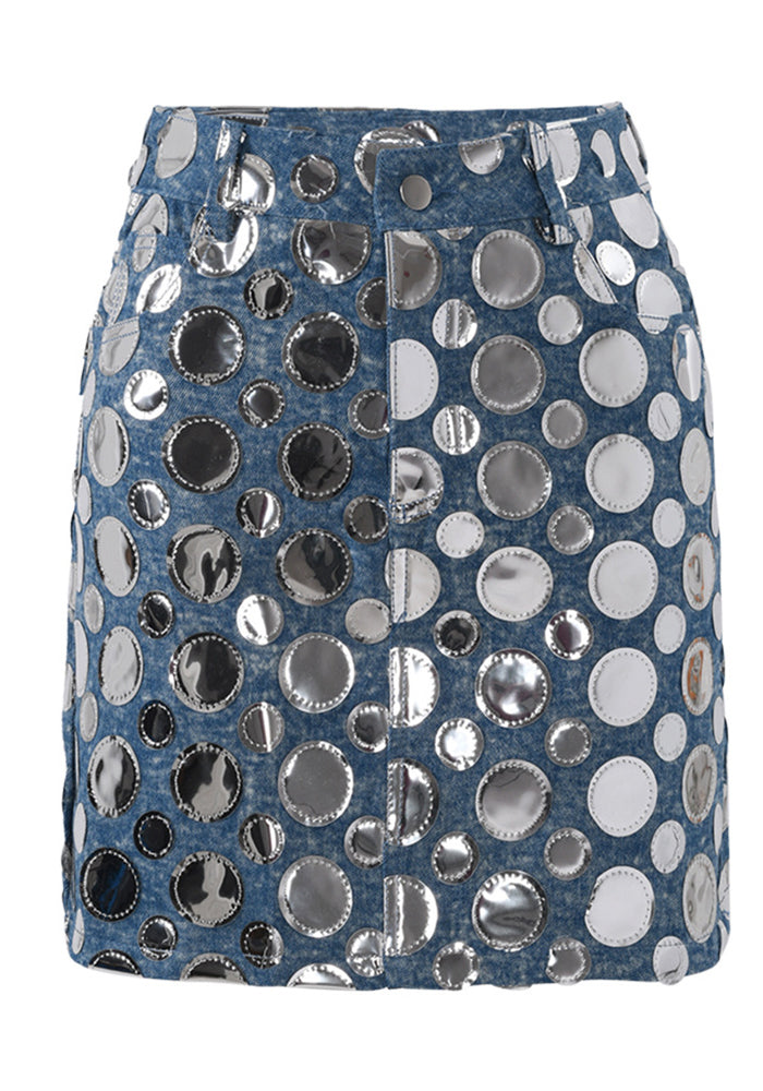 Fashion High Waist Women Summer Sequin Decoration Slim Fit Denim Skirt