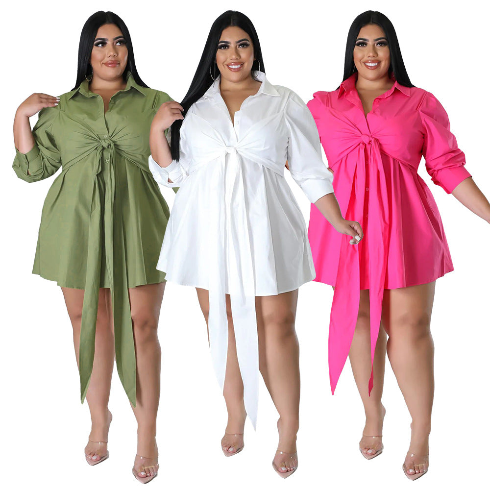 Plus Size Women Sexy Solid Tie Long Sleeve Shirt Dress