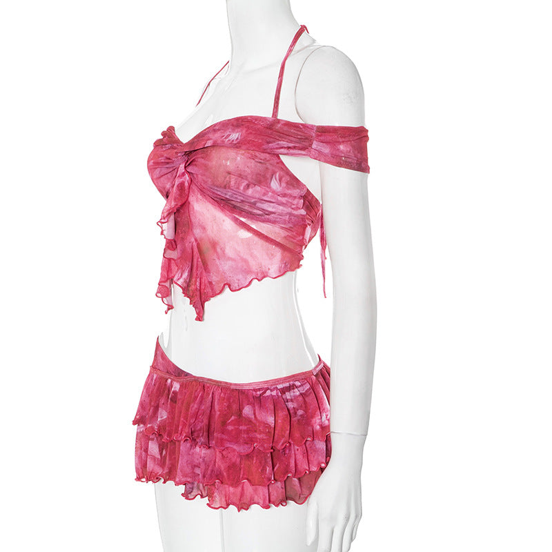 Women beach Holidays print suspenders Halter Neck Top Ruffle Edge Skirt two-piece set 8