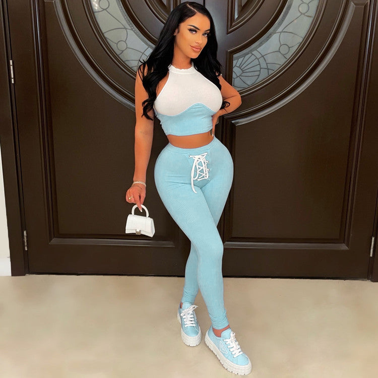 Women's Sexy Ribbed Suit Round Neck Tank Top Pencil Pants Lace-Up Two Piece Summer Set 6