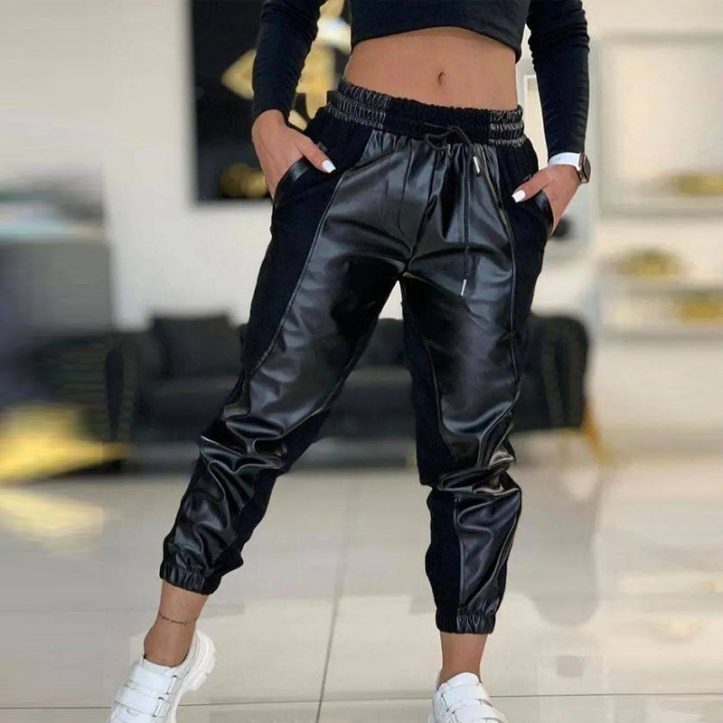 Women'S Pu Leather Patchwork Casual Pants 3