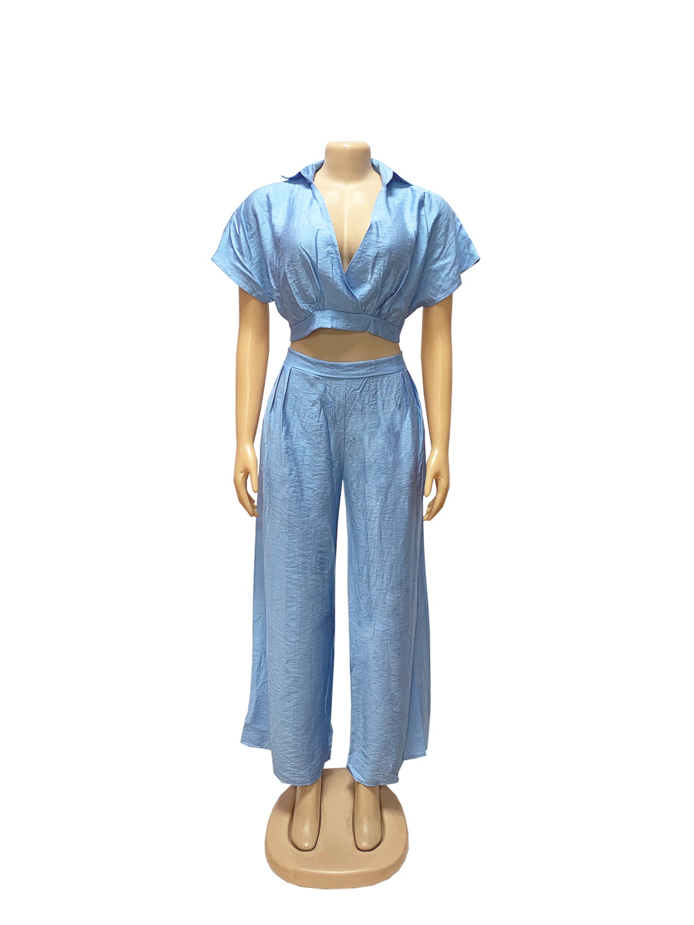 Women Casual Holidays Summer Turndown Collar Short Top & High-Waist Wide-Leg Pants Set 17