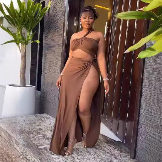 Women Solid Slash Shoulder Crop Top and Slit Skirt two-piece set