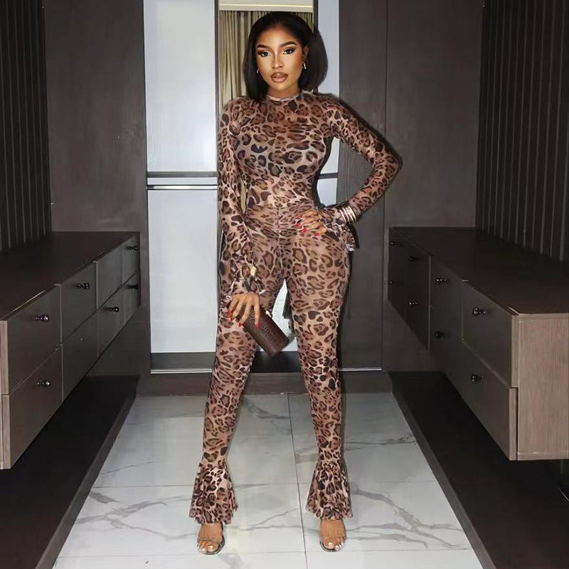 Women's Spring-Summer Leopard Mesh Bell Sleeve See-Through Jumpsuit