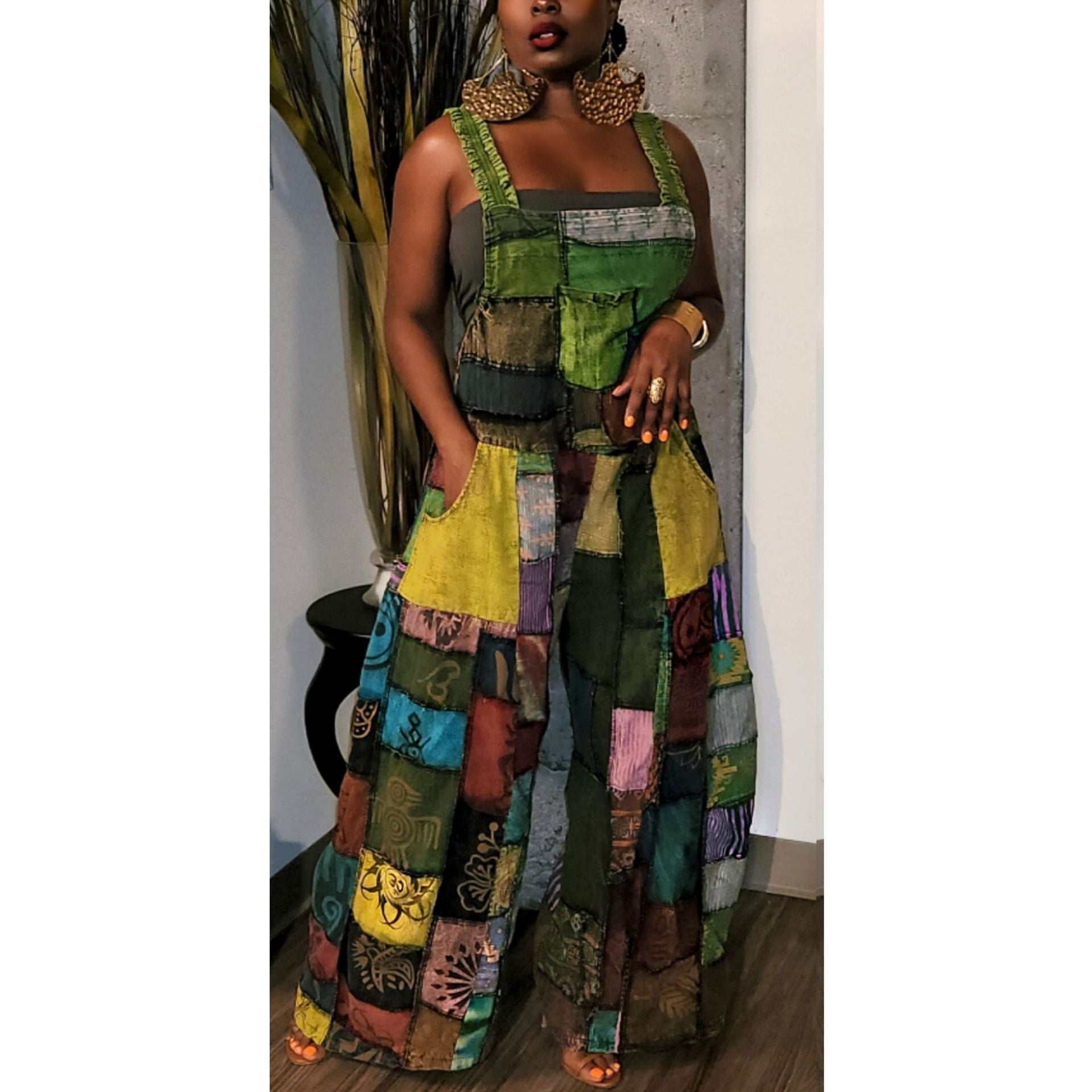 Women'S Printed Boho Bib Pants Strap Wide Leg Jumpsuit 6