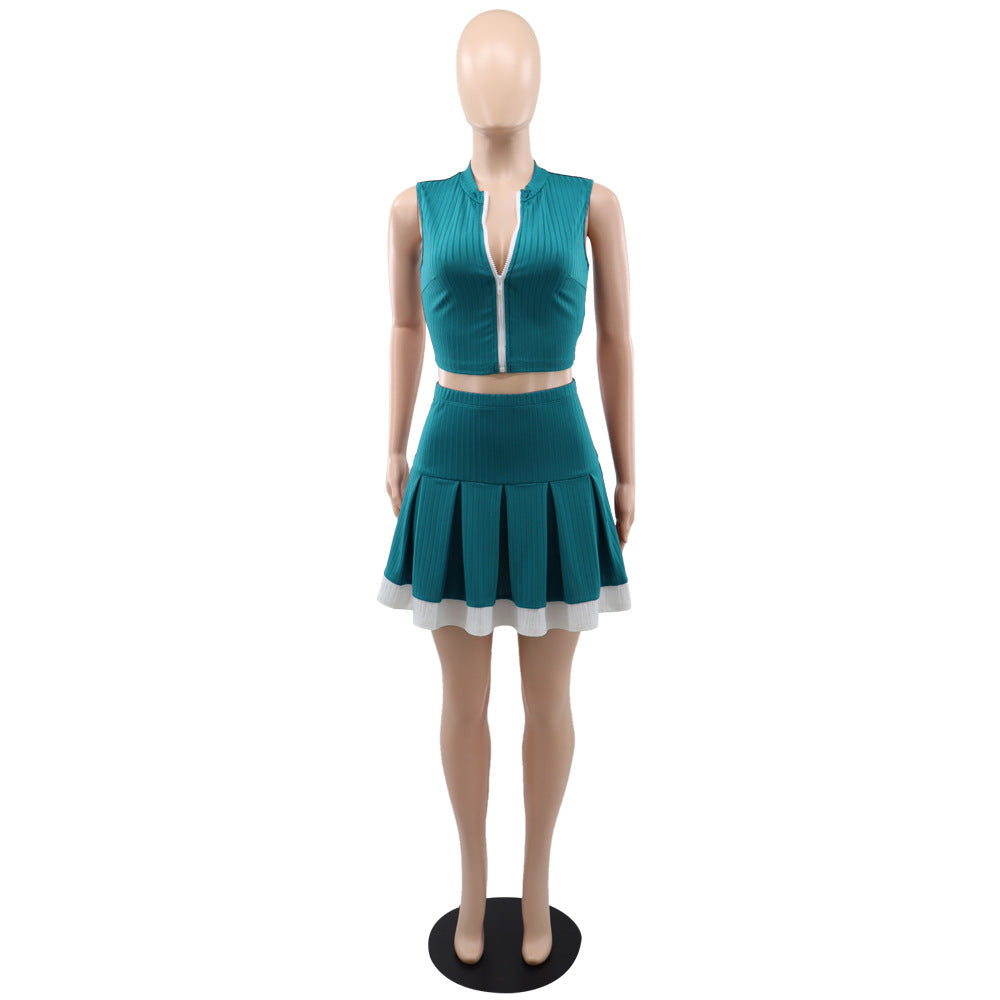 Women Sleeveless Zip Vest and Skirt Two-Piece Set 15