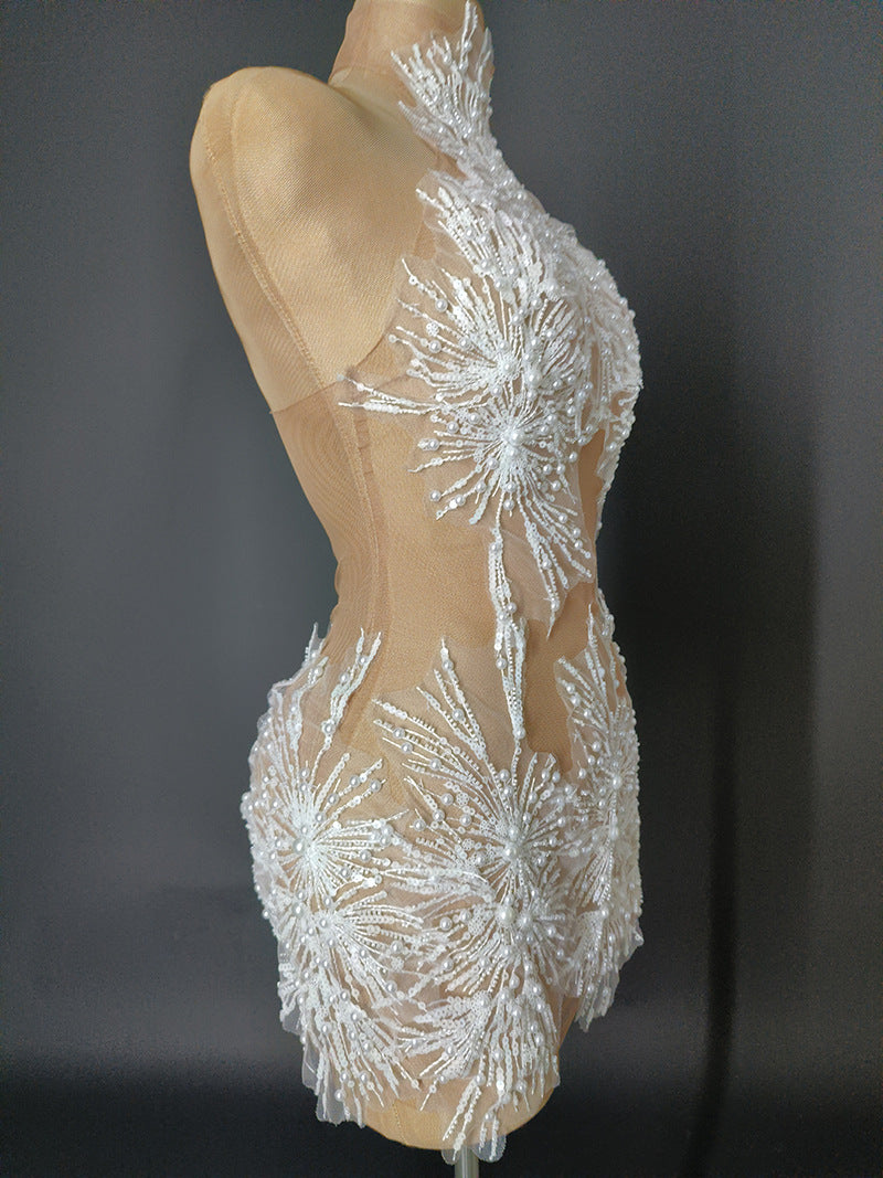 Fashion Halter Neck Strap Mini Dress Nude See-Through Sexy Party Dress 11