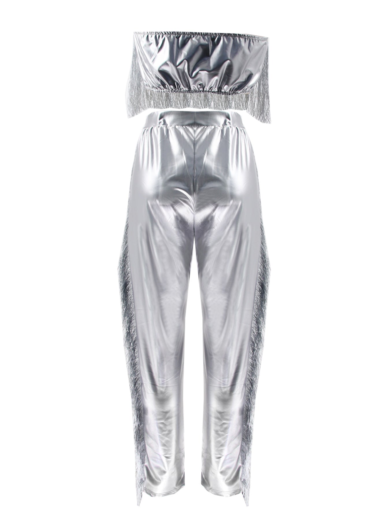 Sexy Strapless hollow tassel vest high waist Tight Fitting pants stretch leather two-piece set 12