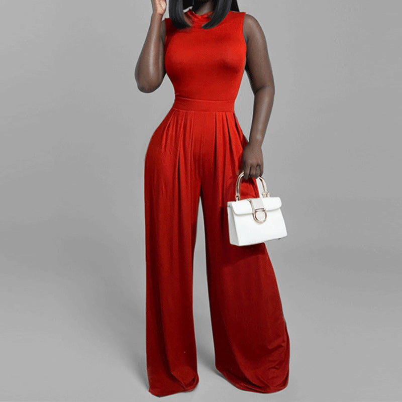 Fashion Print Women Chic Casual Slim Sleeveless Wide Leg Jumpsuit 4