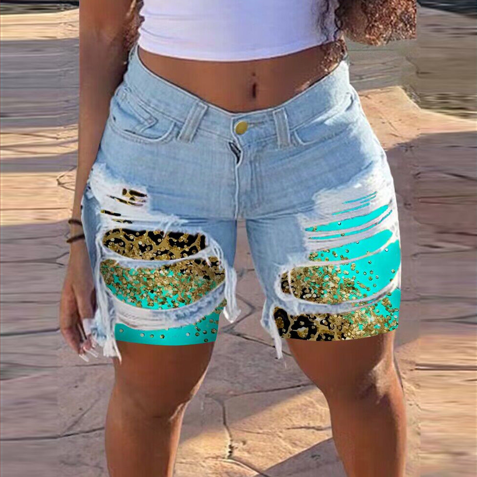 Spring Summer Patched Ripped Mid Women's Denim Shorts 17