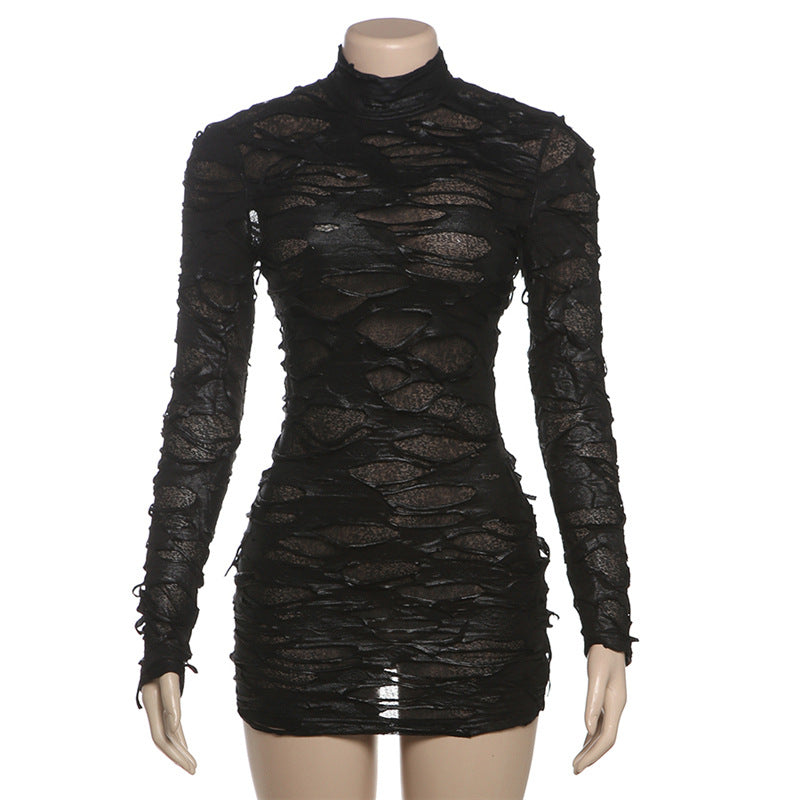 Winter Women's Sexy Transparent Hollow Half High Collar Long Sleeve Bodycon Short Dress 8