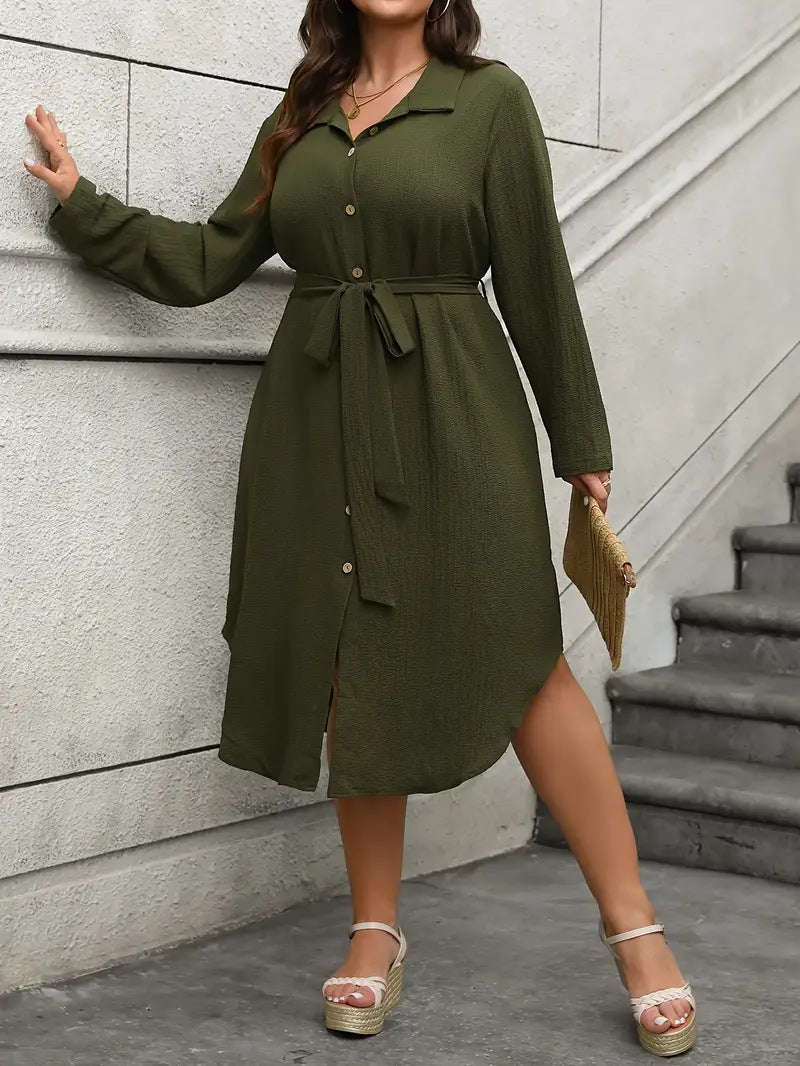 Plus Size Women Long Sleeve Long-Breasted Button Lace-Up Shirt Dress 3