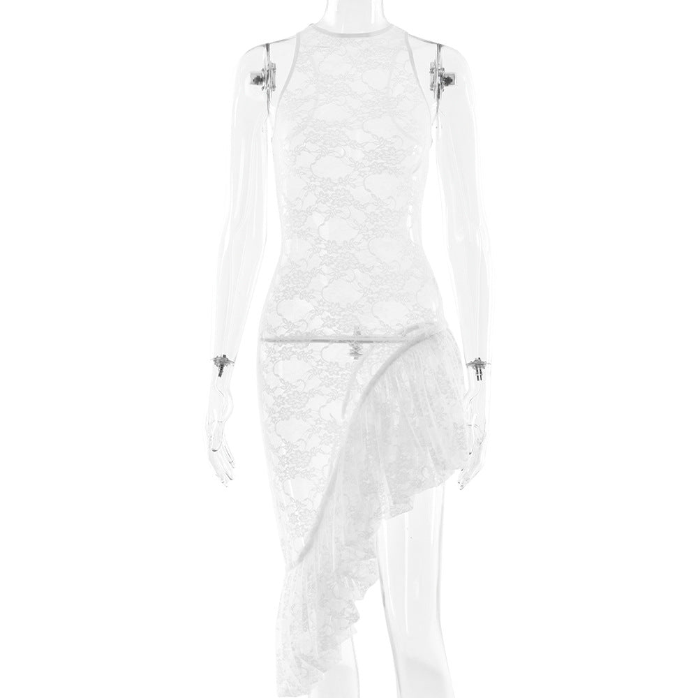 Women Summer Lace Irregular See-Through Sexy Slit Dress 9