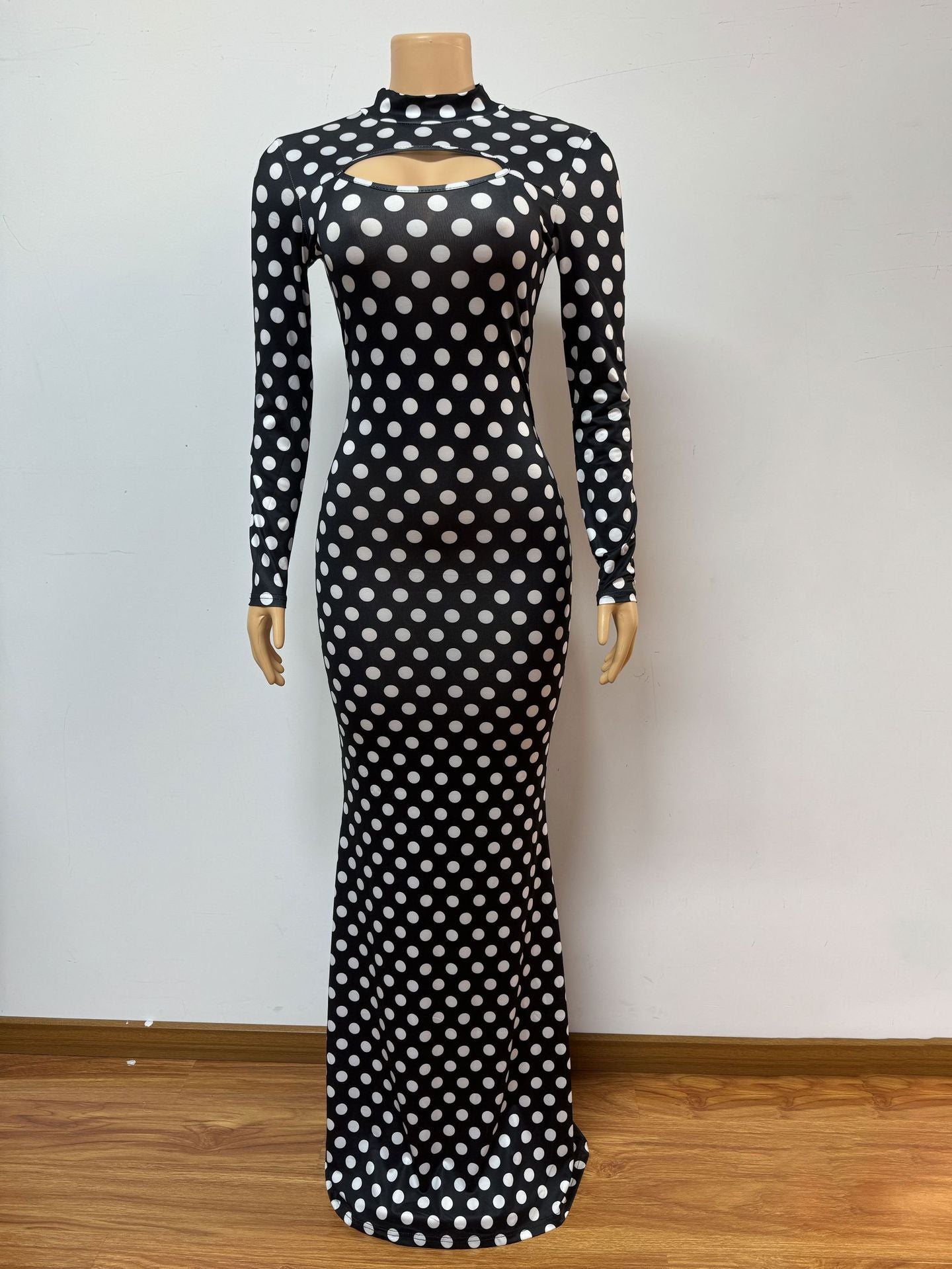 Women printed half-high collar hollow sexy long-sleeved polka dot dress 5