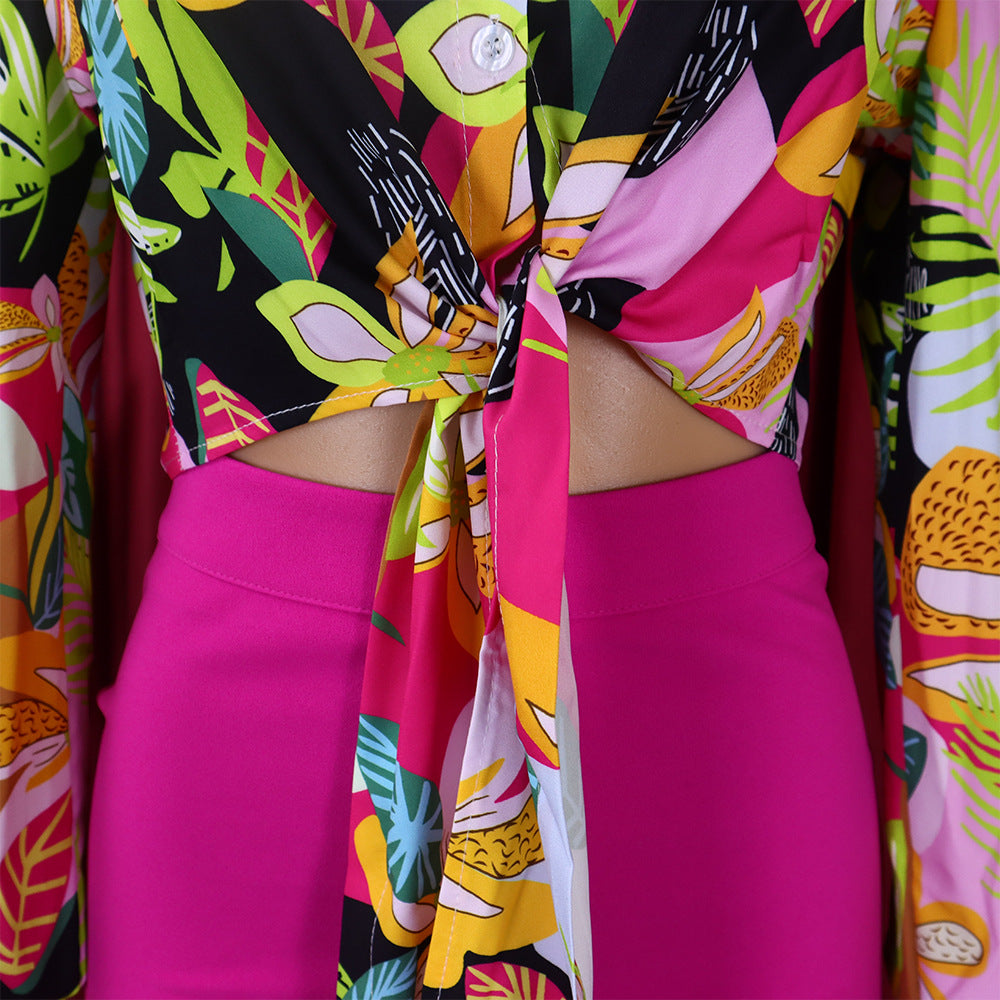 Fashionable Women's Printed Turndown Collar Lace-Up Long Sleeve Shirt 16