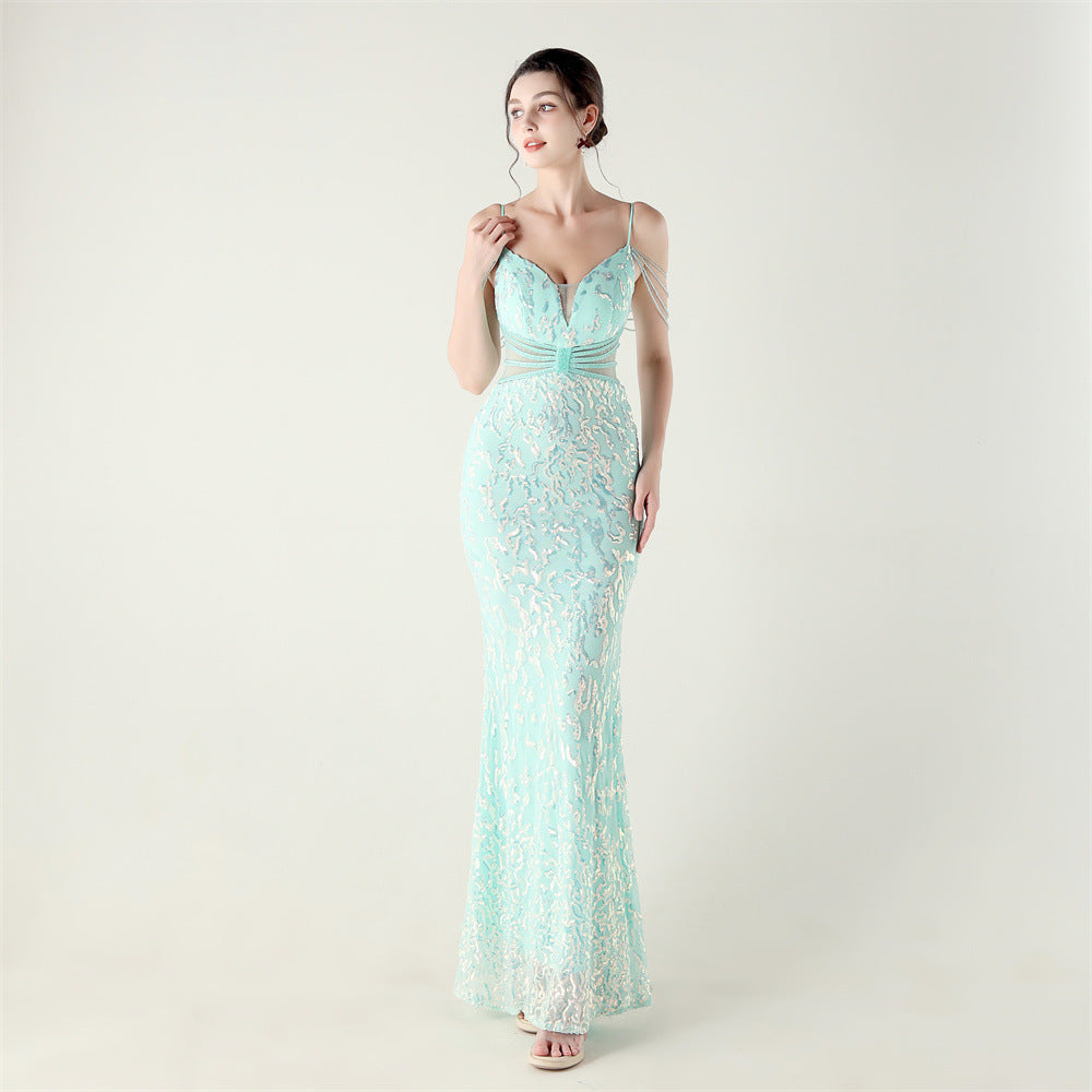 Beaded Sequin Fishtail Evening Dress Wedding Formal Party Gown 23