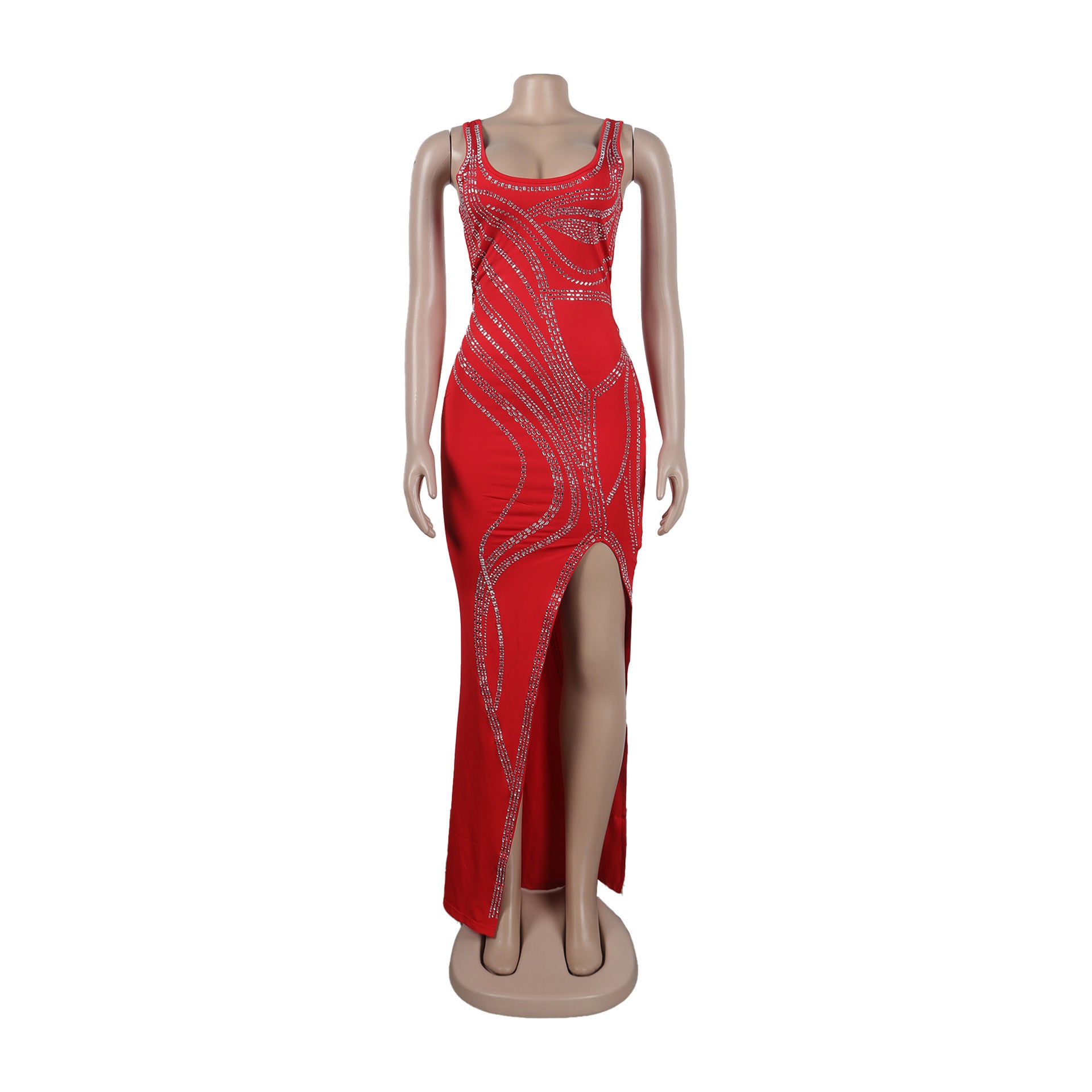 Women Sexy Beaded Sleeveless Bodycon Slit Dress 29