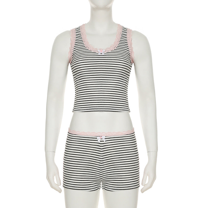 Casual Lace Patchwork Striped U-Neck Vest Low Waist Shorts Women's Two Piece Set 6