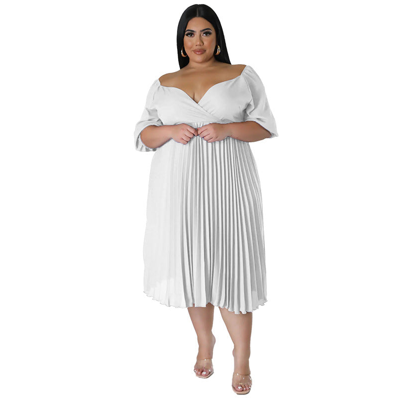 Women's V Neck Hem Pleated Short Sleeves Plus Size Dress 15