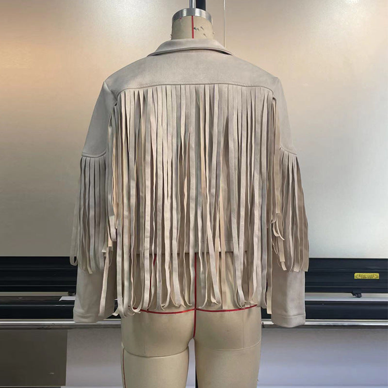 Women'S Autumn And Winter Turndown Collar Fringe Short Suede Leather Jacket 9