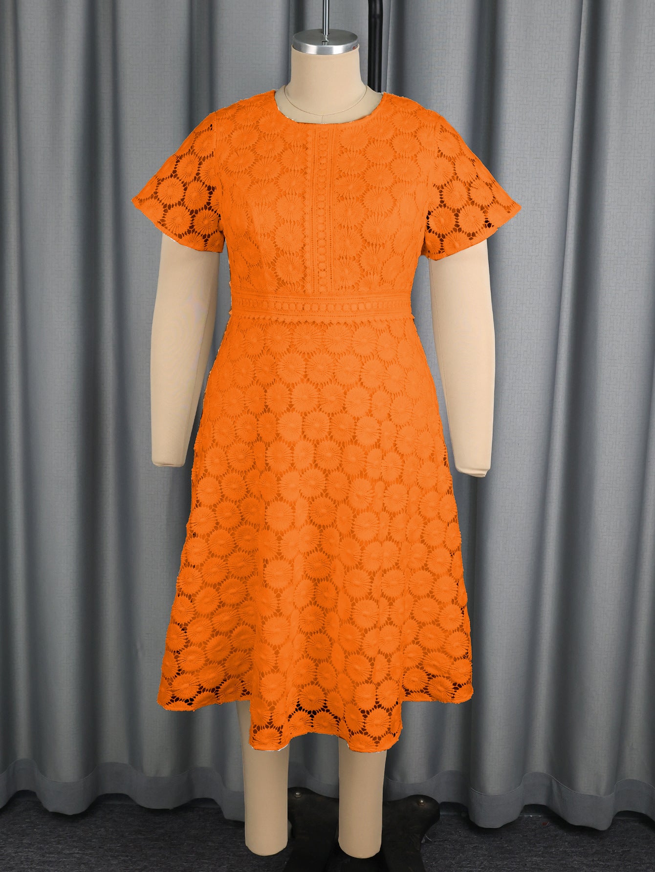 Plus Size Orange Lace Short Sleeve Dress High Waist A-Line Elegant Chic Evening Gown 7