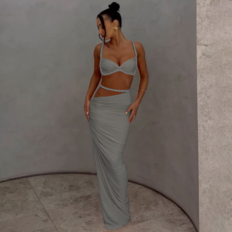 Women Spring Sexy Solid Backless Top and Bodycon Skirt Two-piece Set 3