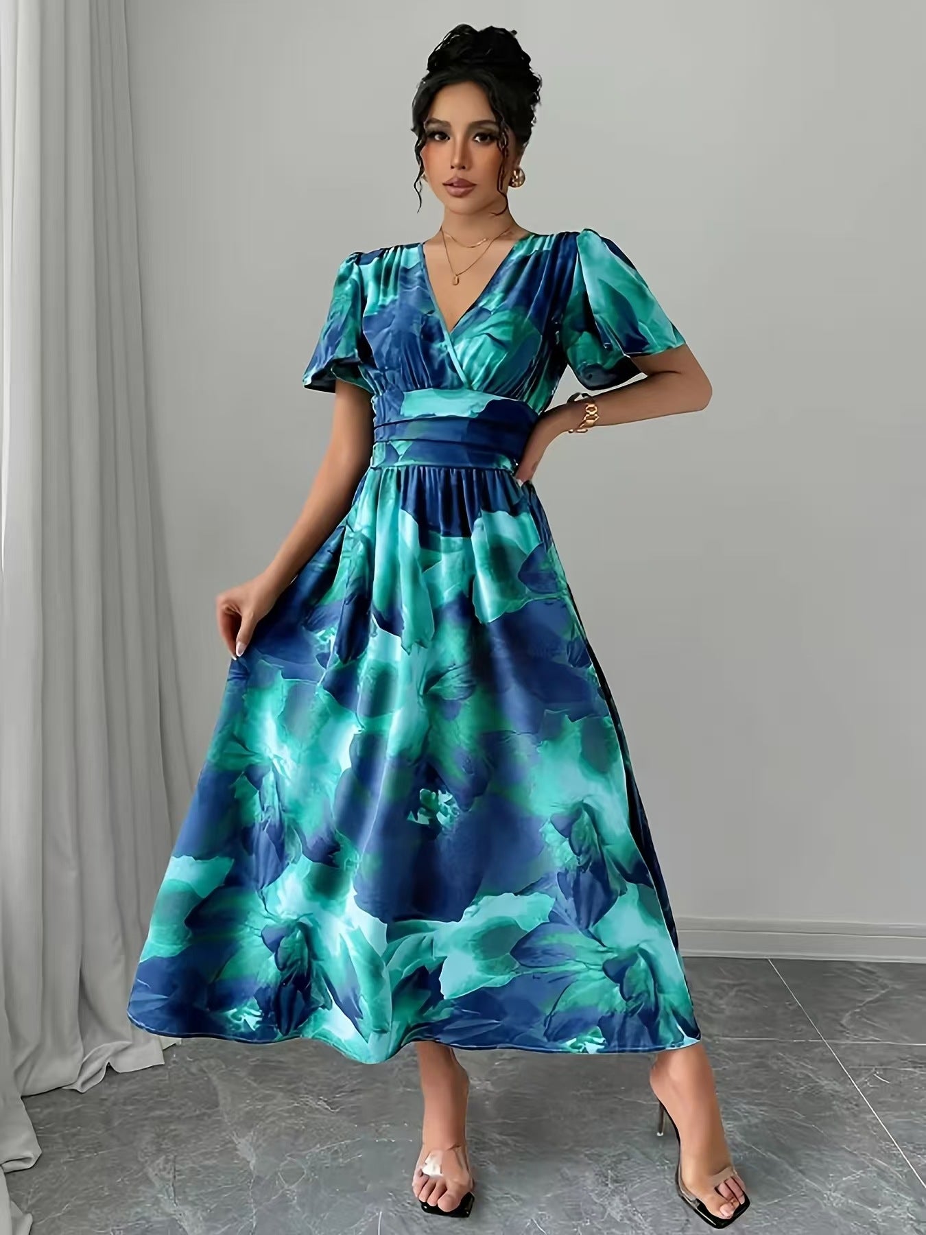 Plus Size Women Elegant V Neck Tie-Dye Print Maxi Dress 6